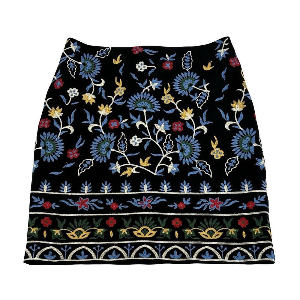 J. McLaughlin Pencil Skirt Womens Size 4 Black Embroidered Bainbridge Lined Boho
